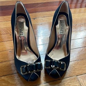 Badgley Mischka jeweled black and gold open toe pumps